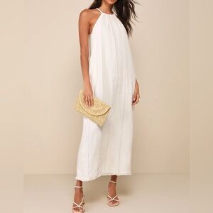 Little Lies Women's Ainsley Halter Maxi Dress Beige Pinstripe M Summer Beachy